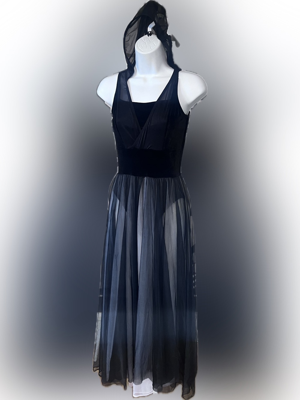 Vintage Black Hooded Sheer Maxi Dress Dance Costume, Witchy, Whimsygoth Vibes